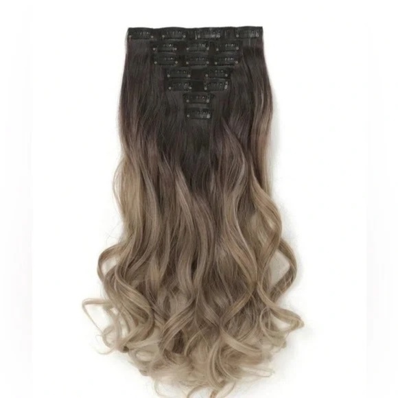 Human hair blend 22 Inch Balayage Brown & Blonde Clip in Curly Hair Extensions - Picture 7 of 11